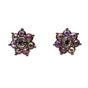 Silver-Tone Pink/Clear Rhinestone Floral Point Stud Pierced Ear Huggie Earrings